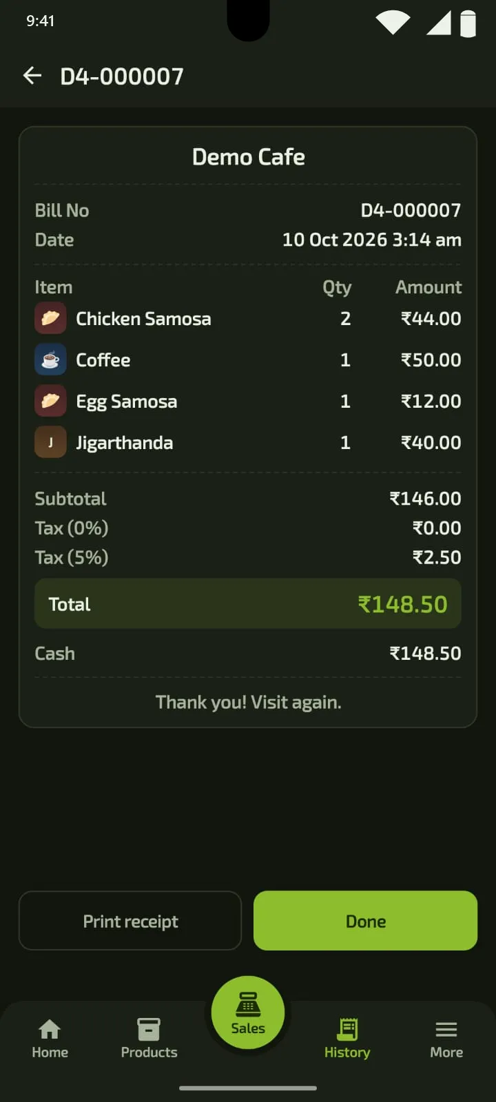 Tillo bill screen showing items, quantities, subtotal, tax, total and the cash payment, with Print receipt and Done buttons